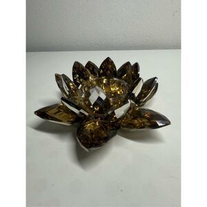 CUT CRYSTAL LOTUS CANDLE HOLDER AMBER 7.75” GOLD GLASS FLOWER SHAPED SEE NOTES